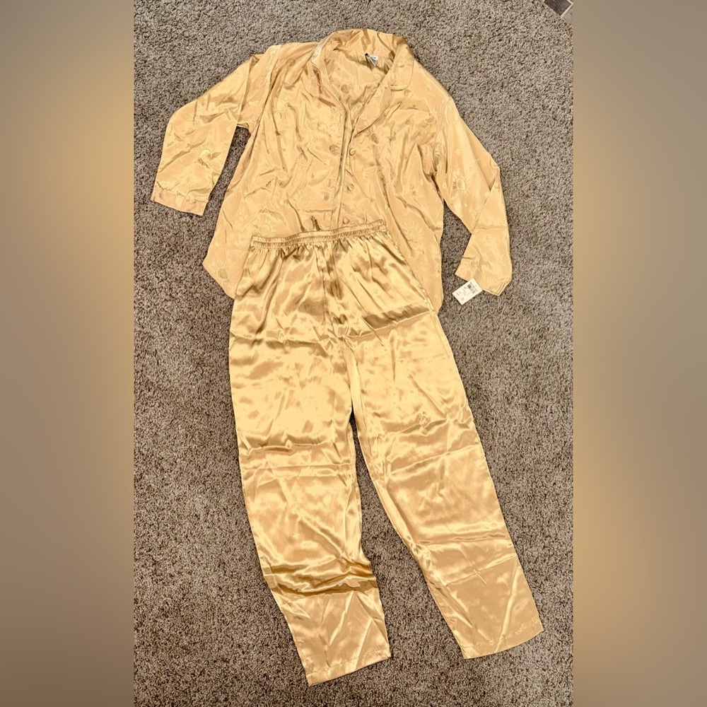 VTG NOS Morgan Taylor Intimates 2 pc Satin Celestial Gold Jacquard Pajamas! Sz S